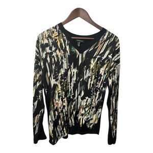 KENNETH COLE NEW YORK BLACK V-NECK ABSTRACT ART ASYMMETRICAL BLOUSE SZ MEDIUM